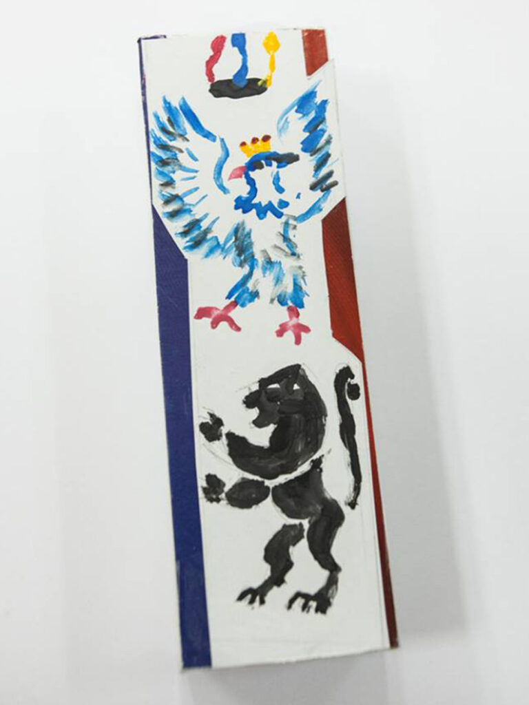 Hand-painted mezuzah case featuring a blue eagle with a golden crown and a black lion, inspired by mezuzah trace