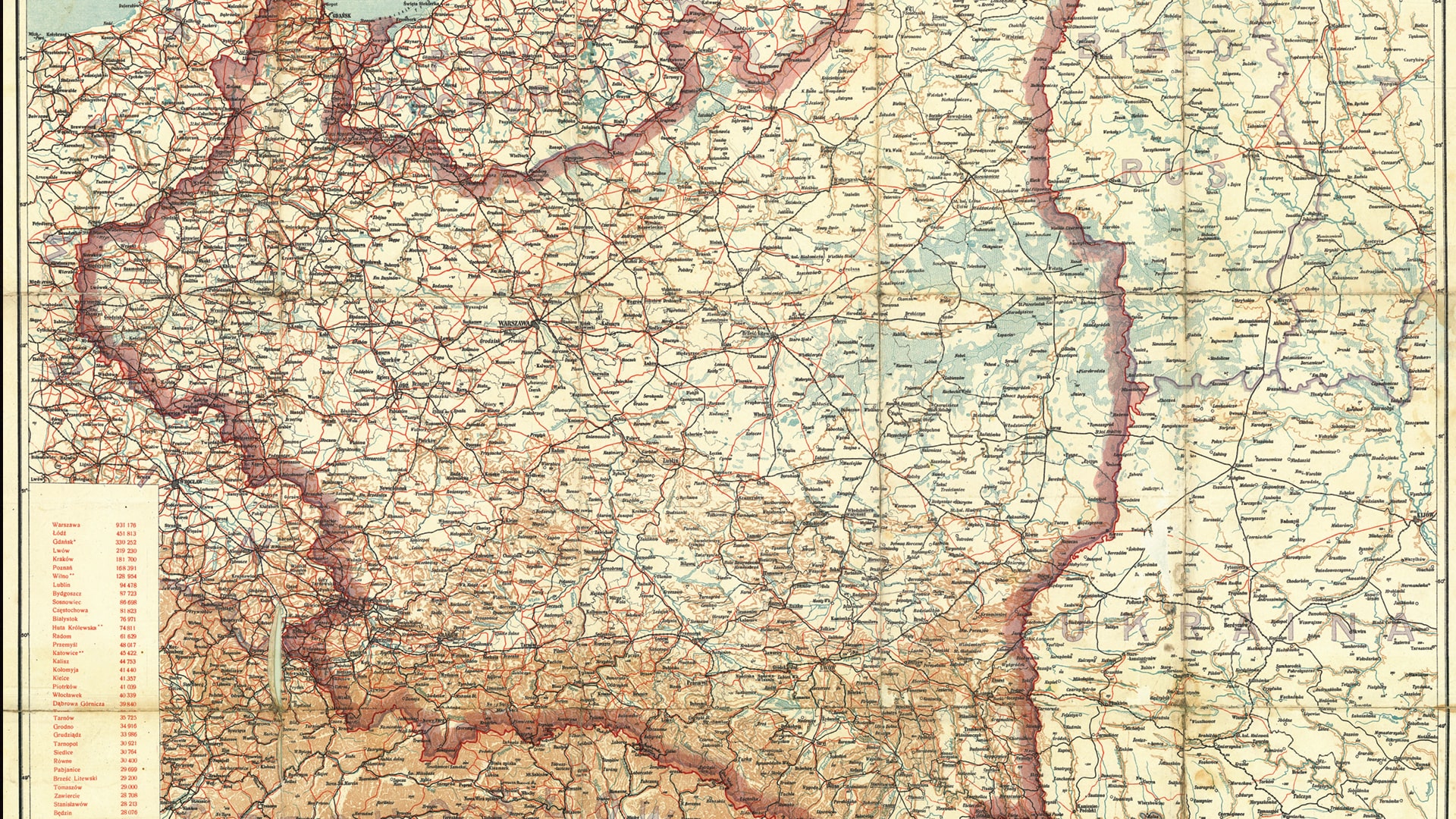 Vintage map of pre-war Poland showing cities, borders, and railroads in detailed colors and mezuzah trace sites